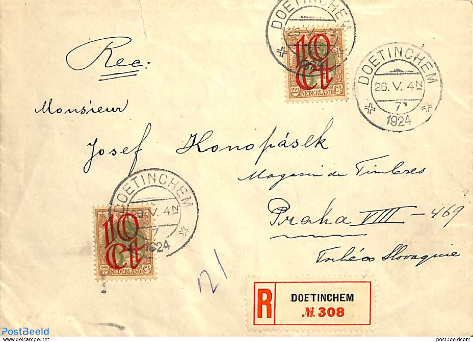 Netherlands 1923 Registered Letter, With Tete-besche Pair, From Doetinchem To Praha, Postal History - Cartas & Documentos