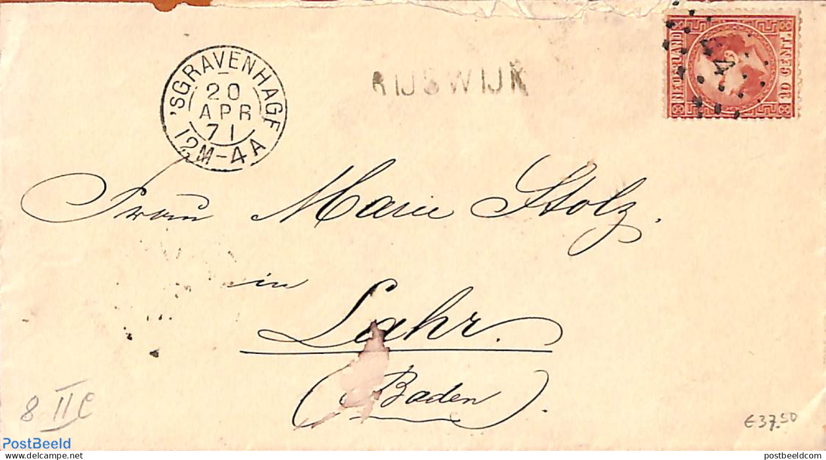 Netherlands 1871 Letter From RIJSWIJK To Lahr (D), Postal History - Covers & Documents