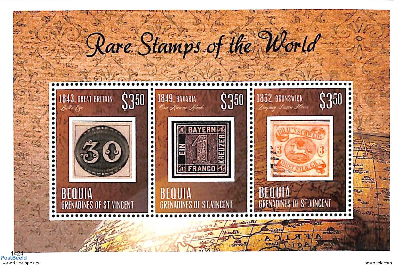 Saint Vincent & The Grenadines 2014 Bequia, Rare Stamps Of The World 3v M/s, Mint NH, Various - Stamps On Stamps - Glo.. - Francobolli Su Francobolli