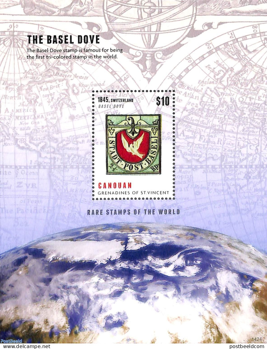 Saint Vincent & The Grenadines 2014 Canouan, The Basel Dove S/s, Mint NH, Various - Stamps On Stamps - Globes - Stamps On Stamps