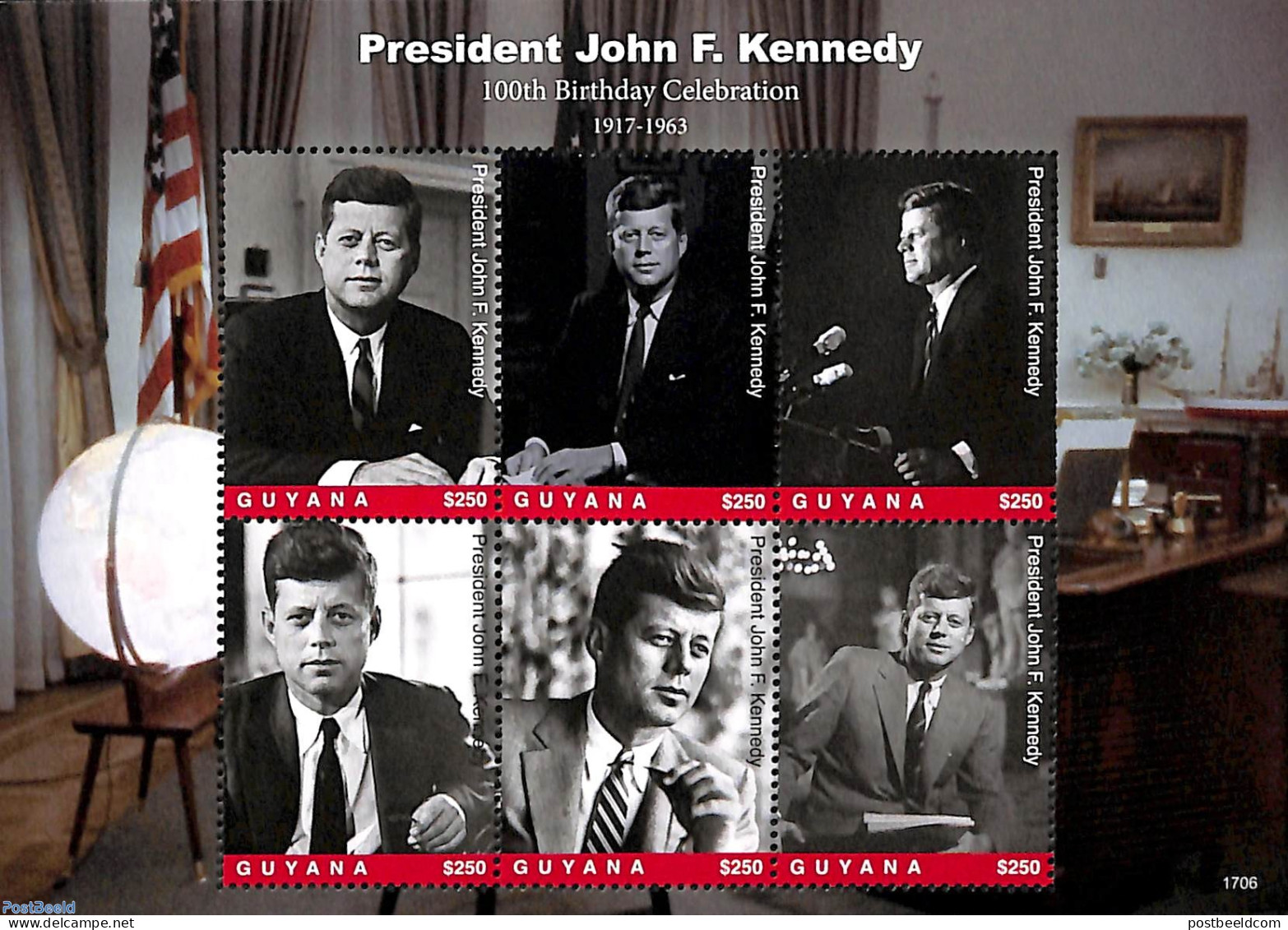 Guyana 2017 President John F. Kennedy 6v M/s, Mint NH, History - American Presidents - Politicians - Guyana (1966-...)