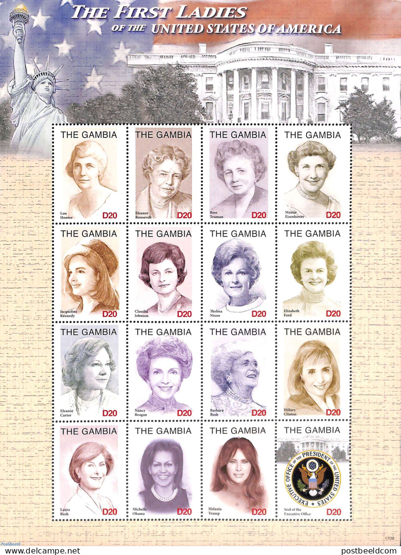 Gambia 2017 The First Ladies 16v M/s, Mint NH, History - American Presidents - Women - Unclassified