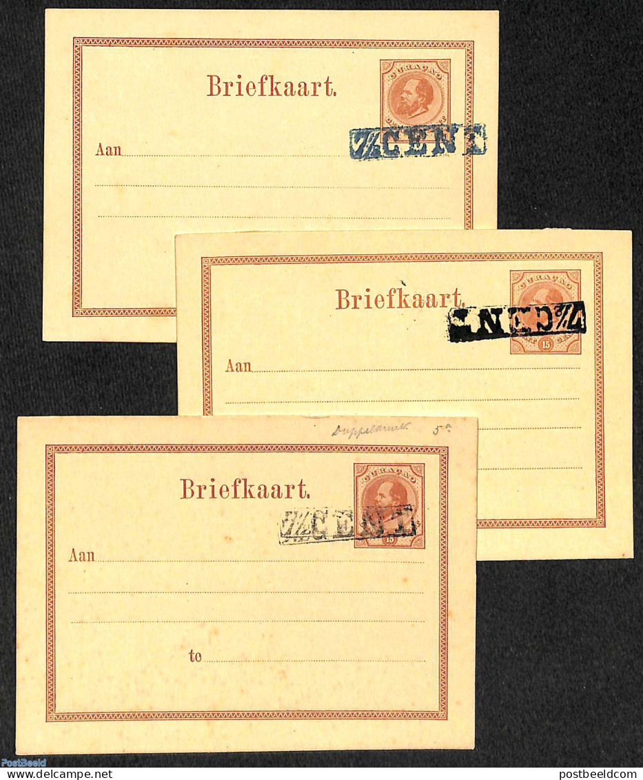 Netherlands Antilles 1879 Lot Of 3 Postcards, Overprint Variations, Unused Postal Stationary, Errors, Misprints, Plate.. - Fehldrucke