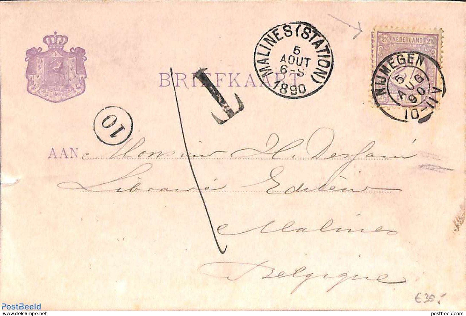 Netherlands 1890 Postcard 2.5c Uprated By Stamp Over Postcard Seal In Stead Of Next To, From Nijmegen To Malines, Used.. - Covers & Documents