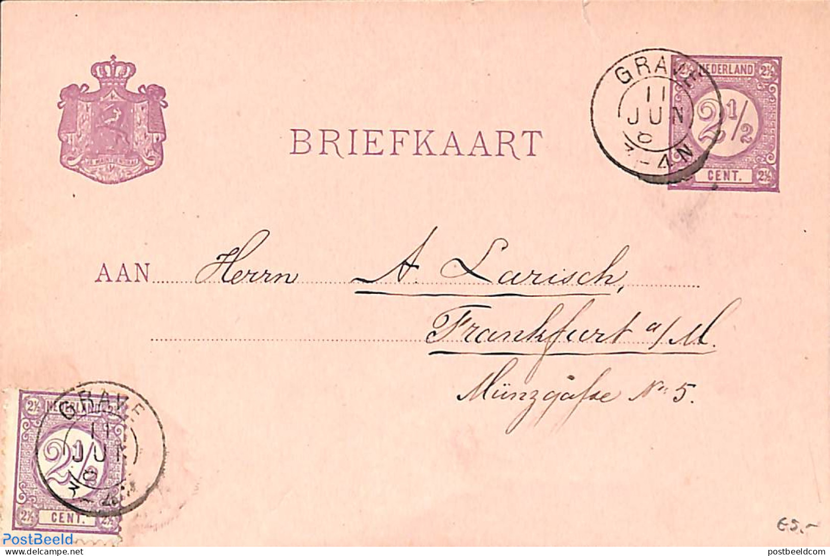 Netherlands 1881 Postcard 2.5c, Uprated, From Grave To Frankfurt A/m, Used Postal Stationary - Brieven En Documenten