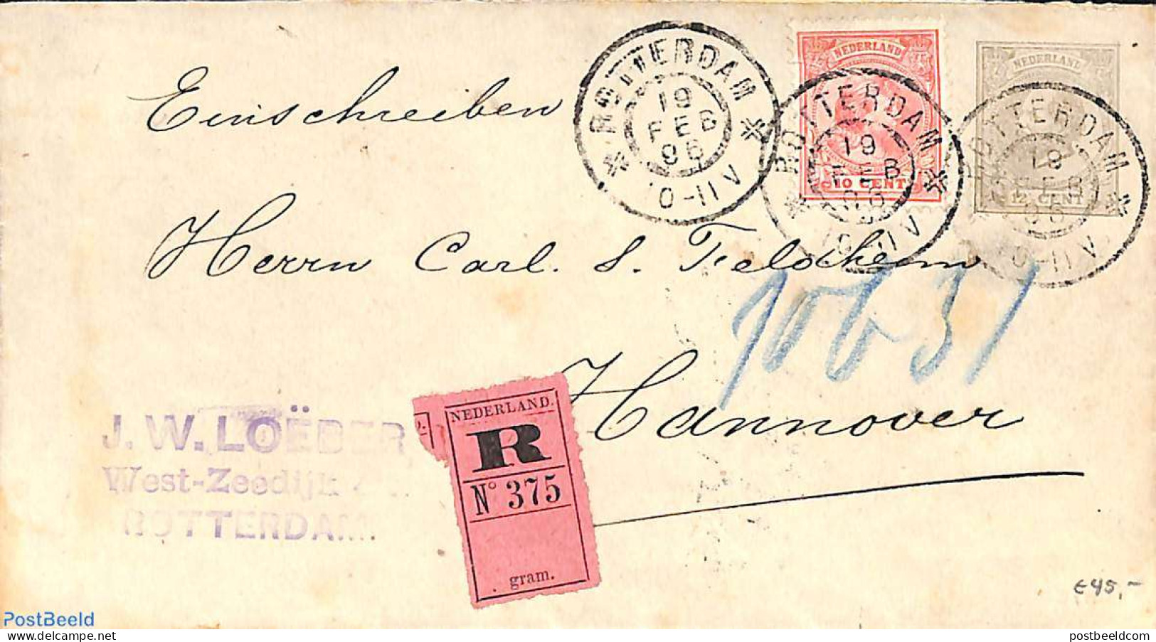 Netherlands 1896 Envelope 12.5c, Uprated To Registered Mail To Hannover (from Rotterdam), Used Postal Stationary - Storia Postale