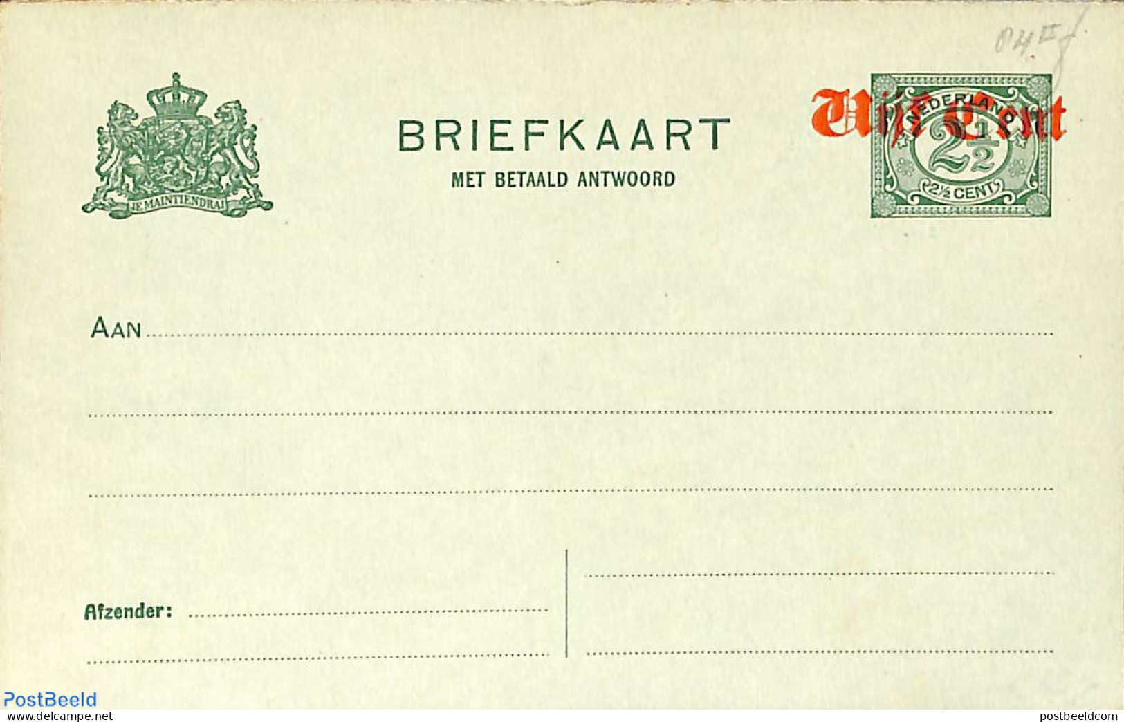 Netherlands 1920 Reply Paid Postcard, Error; Vijf/Vijf C. On 2.5/2.5c (in Stead Of 3/3c), Unused Postal Stationary, Er.. - Cartas & Documentos