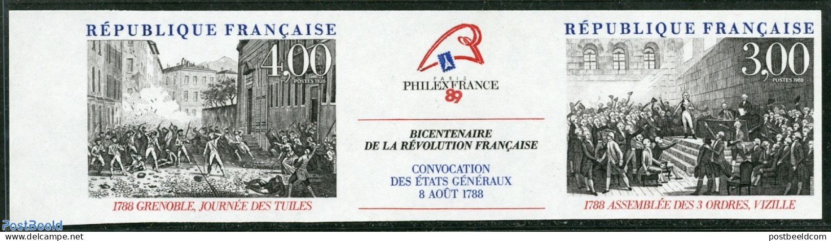 France 1988 Revolution 2v+tab [:T:], Imperforated, Mint NH, History - History - Unused Stamps
