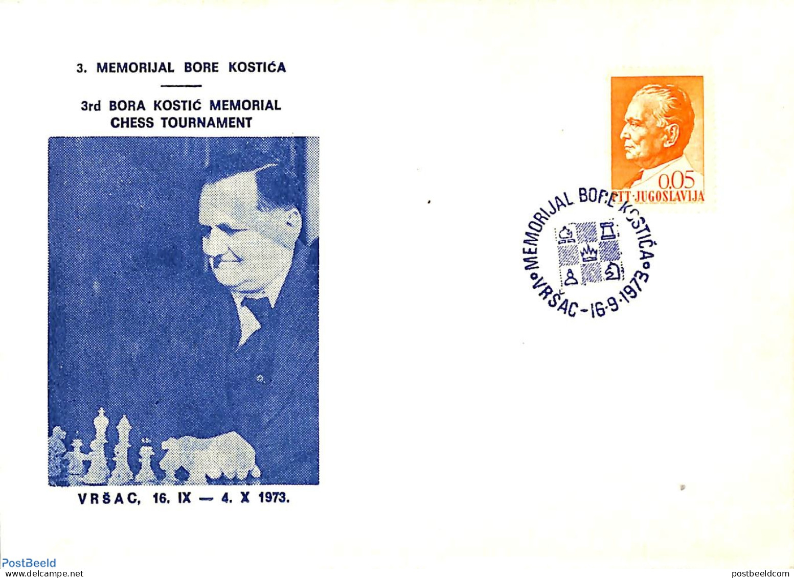 Yugoslavia 1973 Bore Kostica Memorial, Postal History, Sport - Chess - Brieven En Documenten