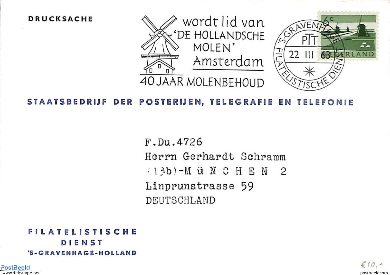 Netherlands 1963 Wordt Lid Van 'De Hollandsche Molen' , Postal History, Various - Mills (Wind & Water) - Briefe U. Dokumente