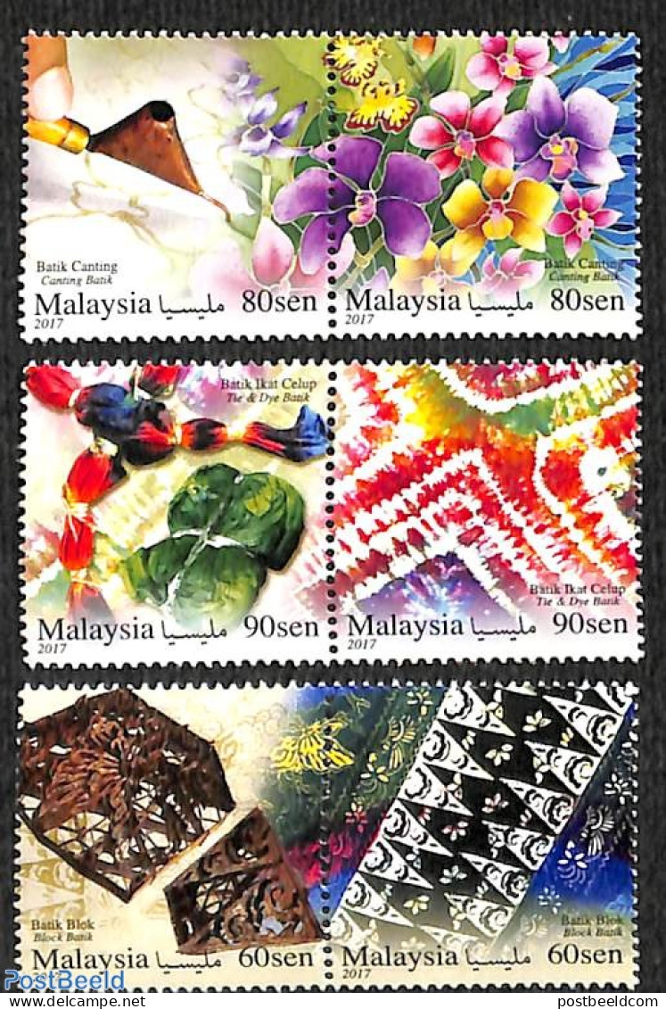 Malaysia 2017 Batik 6v (3x [:]), Mint NH, Various - Textiles - Art - Handicrafts - Textiles