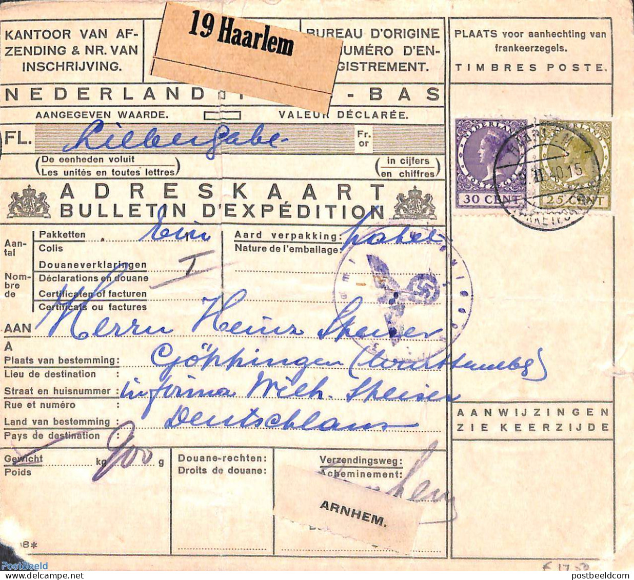 Netherlands 1940 Parcel Card From Haarlem To Göppingen, Censored, Postal History, Censored Mail - Covers & Documents