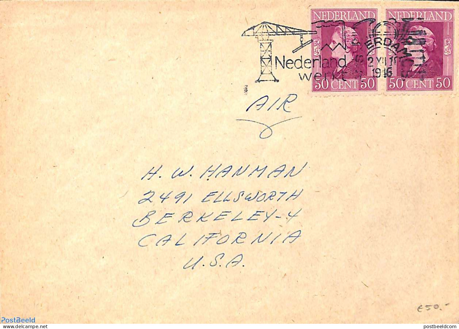 Netherlands 1946 Letter To USA With 2 50c Liberation Set Stamps!, Postal History - Briefe U. Dokumente