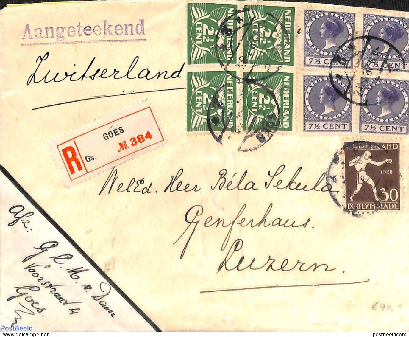 Netherlands 1928 Registered Letter To Switzerland With 30c Olympic Stamp, Postal History - Cartas & Documentos