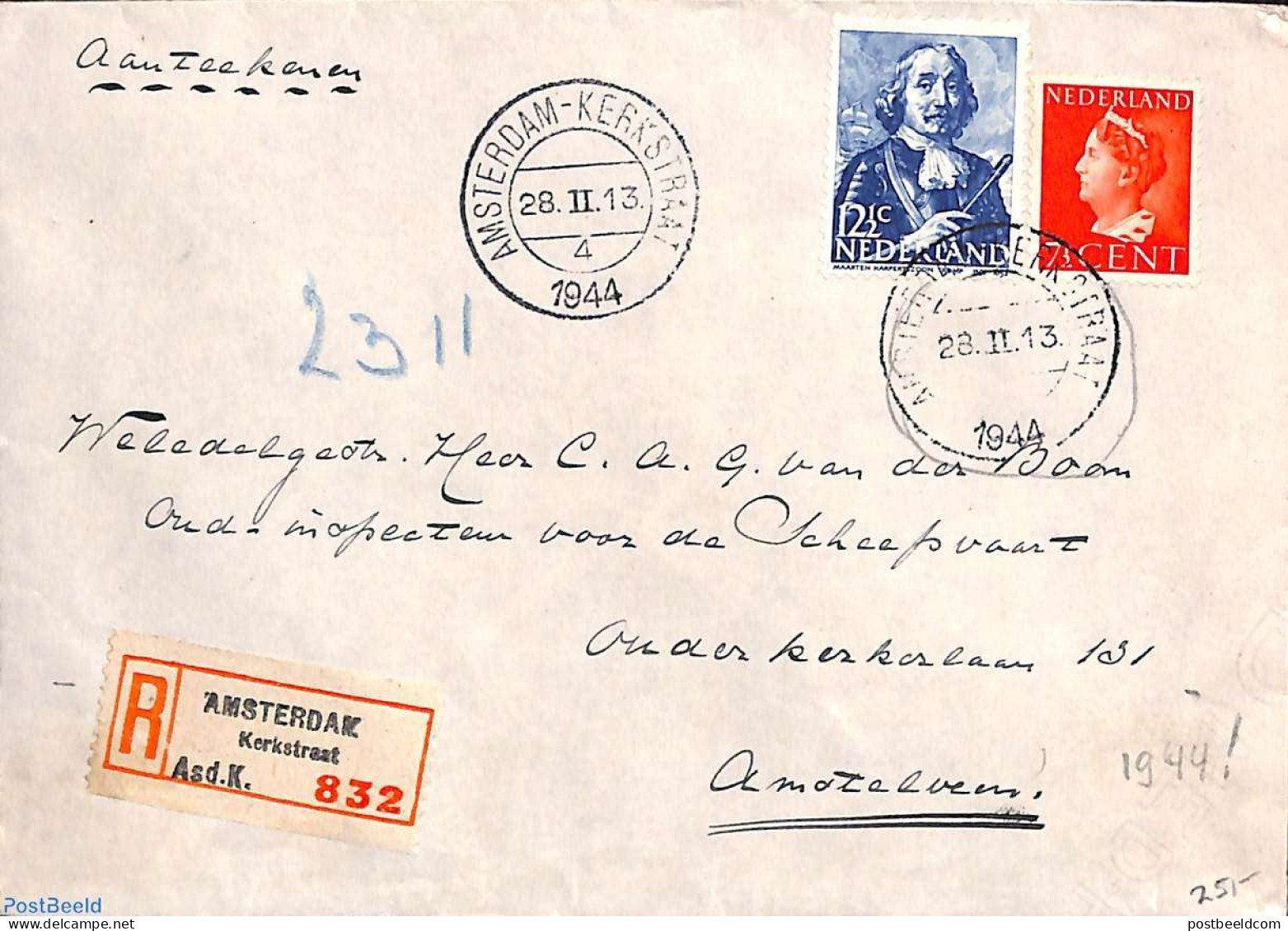 Netherlands 1944 Registered Letter From Amsterdam-Kerkstraat, Postal History - Briefe U. Dokumente
