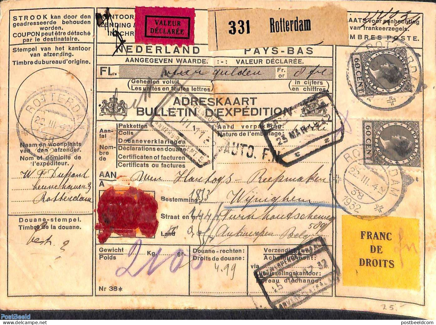 Netherlands 1938 Adress Card For Parcel With Declared Value From Rotterdam To Antwerpen, Postal History - Storia Postale