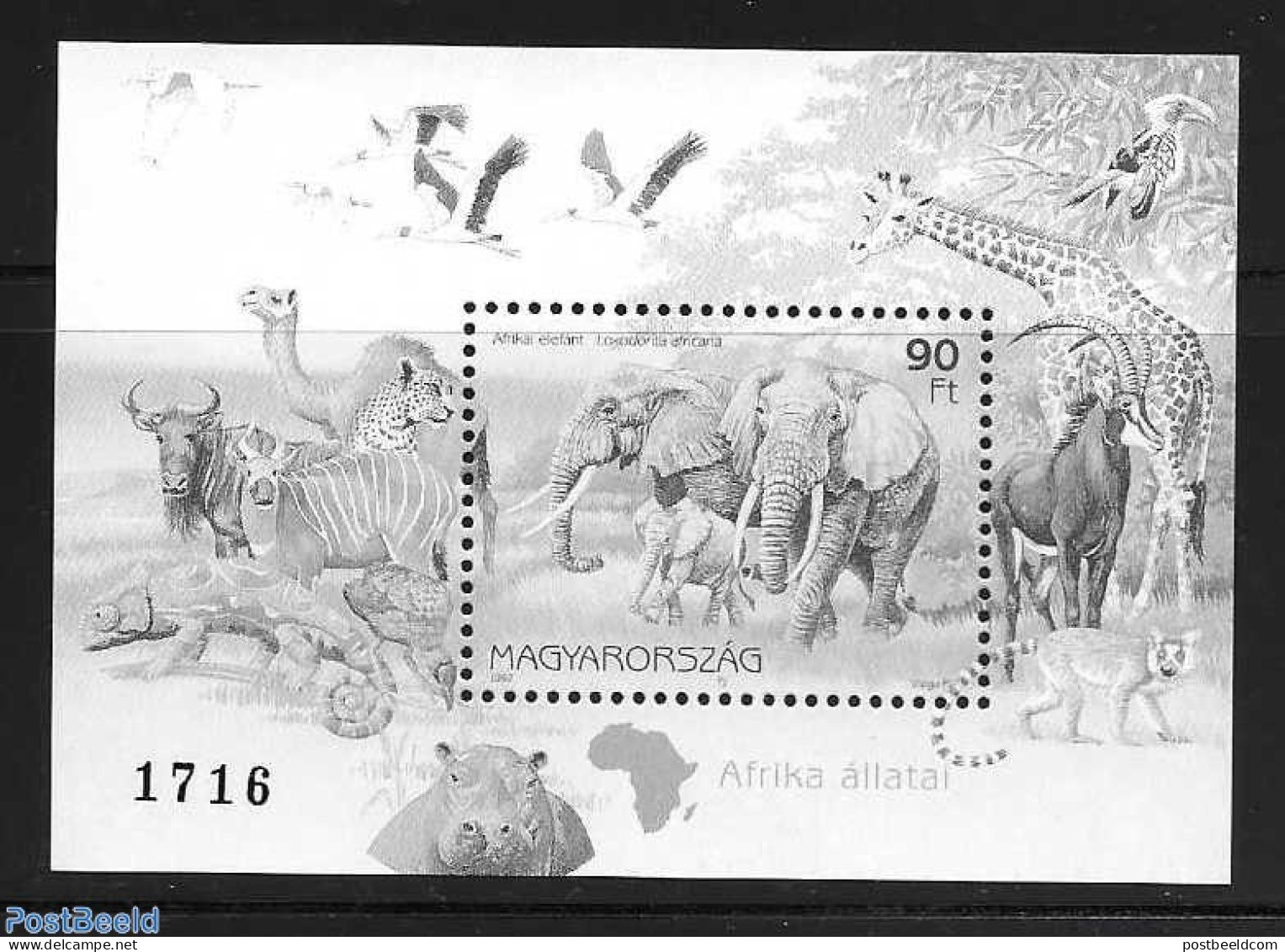 Hungary 1997 African Animals Blackprint S/s, Mint NH, Nature - Animals (others & Mixed) - Elephants - Nuevos