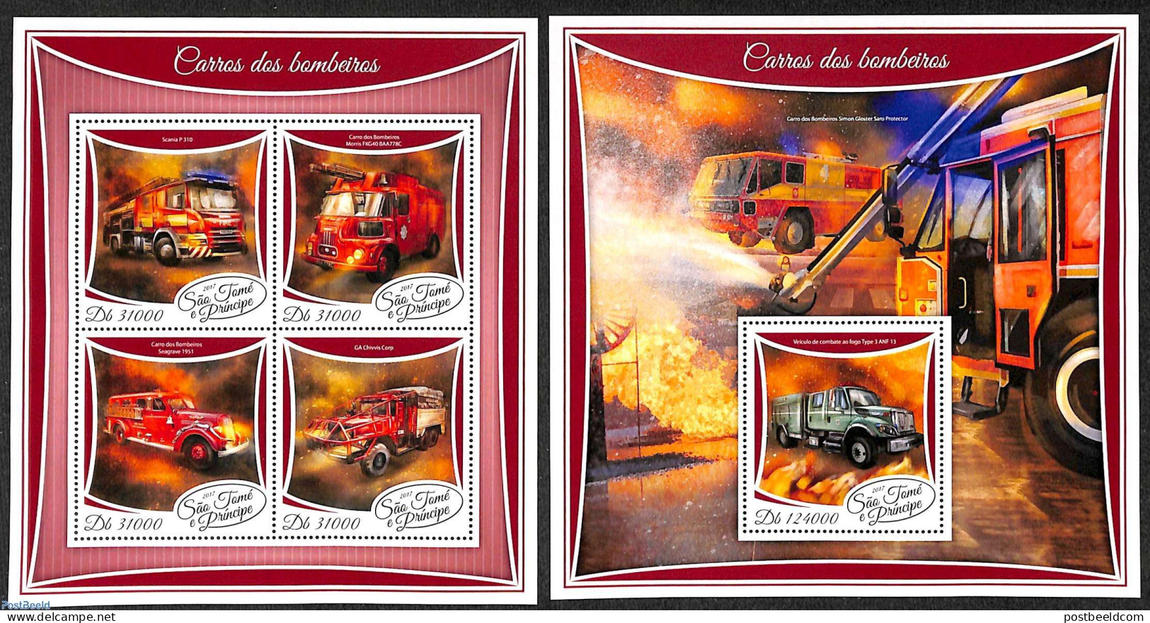 Sao Tome/Principe 2017 Fire Engines 2 S/s, Mint NH, Transport - Automobiles - Fire Fighters & Prevention - Cars