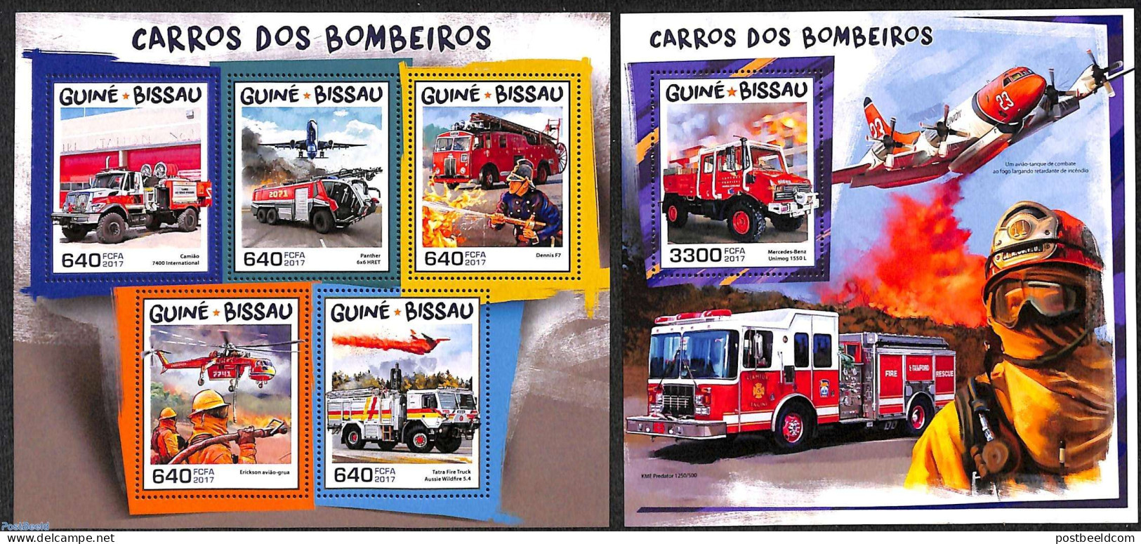 Guinea Bissau 2017 Fire Engines 2 S/s, Mint NH, Automobiles - Fire Fighters & Prevention - Helicopters - Aircraft & Av.. - Cars