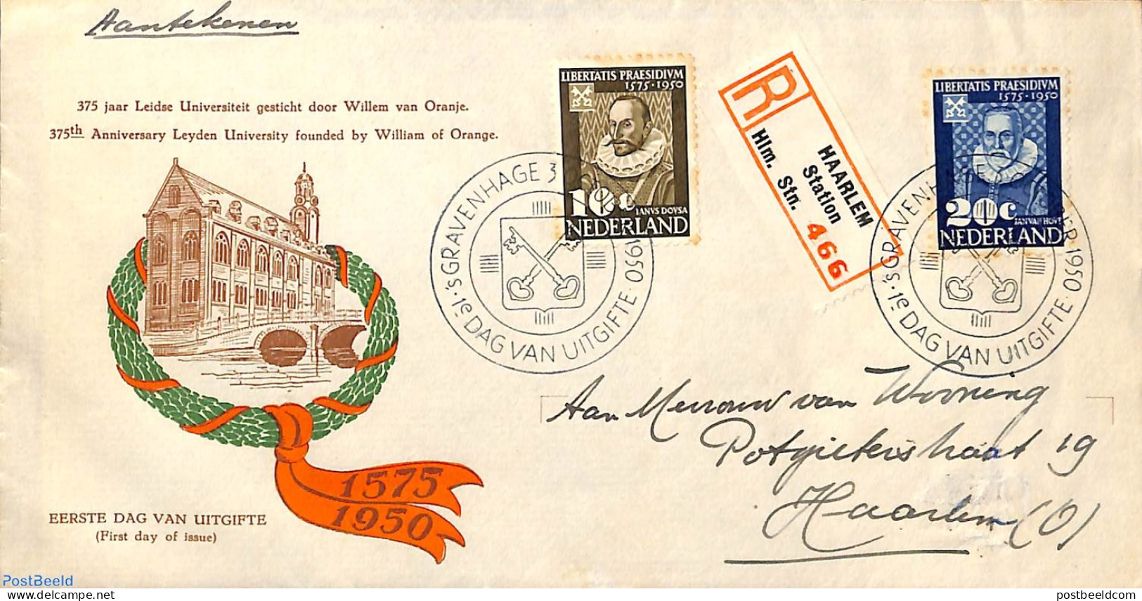 Netherlands 1950 Leiden University 2v FDC, Written Address, Open Flap, First Day Cover, Science - Education - Lettres & Documents