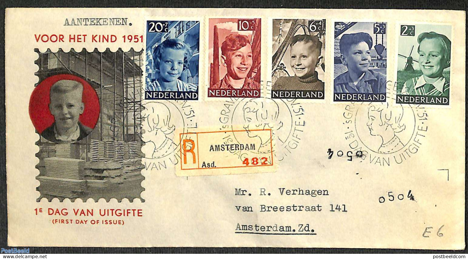 Netherlands 1951 Child Welfare 5v, FDC, Closed Flap, Typed Address, Registered, First Day Cover - Covers & Documents