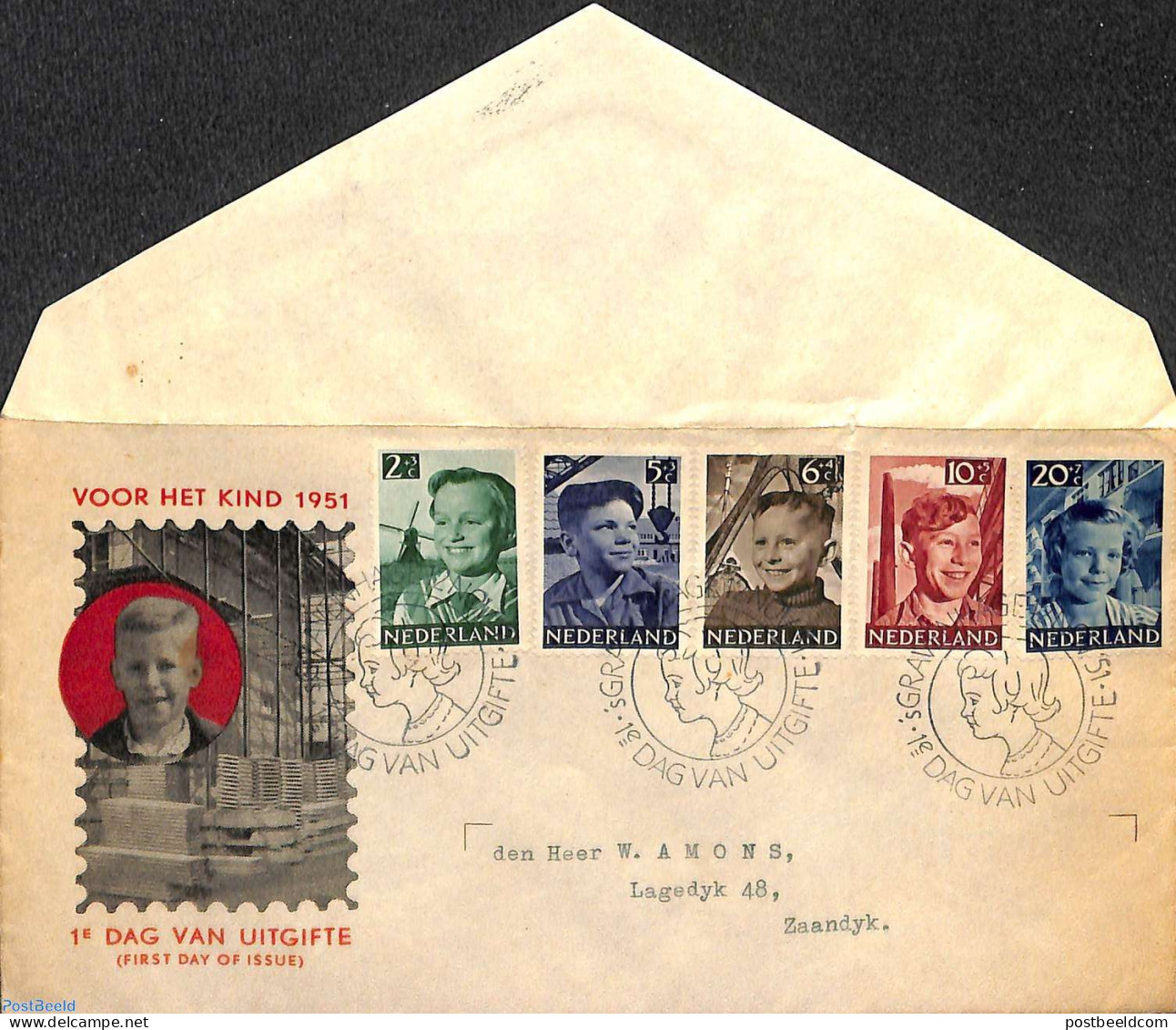 Netherlands 1951 Child Welfare 5v, FDC, Open Flap, Typed Address, Very Tiny Damage On Top Of Cover, First Day Cover - Covers & Documents