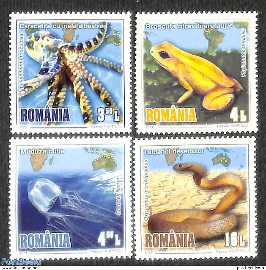 Romania 2017 Poisened Animals 4v, Mint NH, Nature - Animals (others & Mixed) - Frogs & Toads - Snakes - Ungebraucht