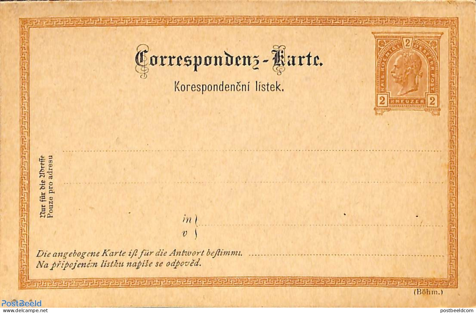Austria 1890 Reply Paid Postcard 2/2Kr (Boehm.), Unused Postal Stationary - Brieven En Documenten