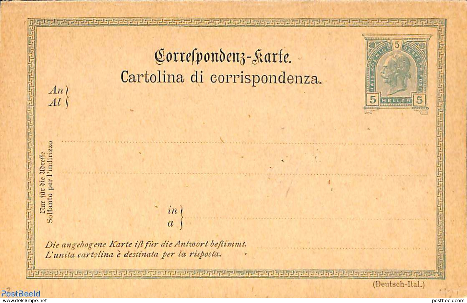 Austria 1907 Reply Paid Postcard 5/5h (Deutsch-Ital.), Unused Postal Stationary - Brieven En Documenten