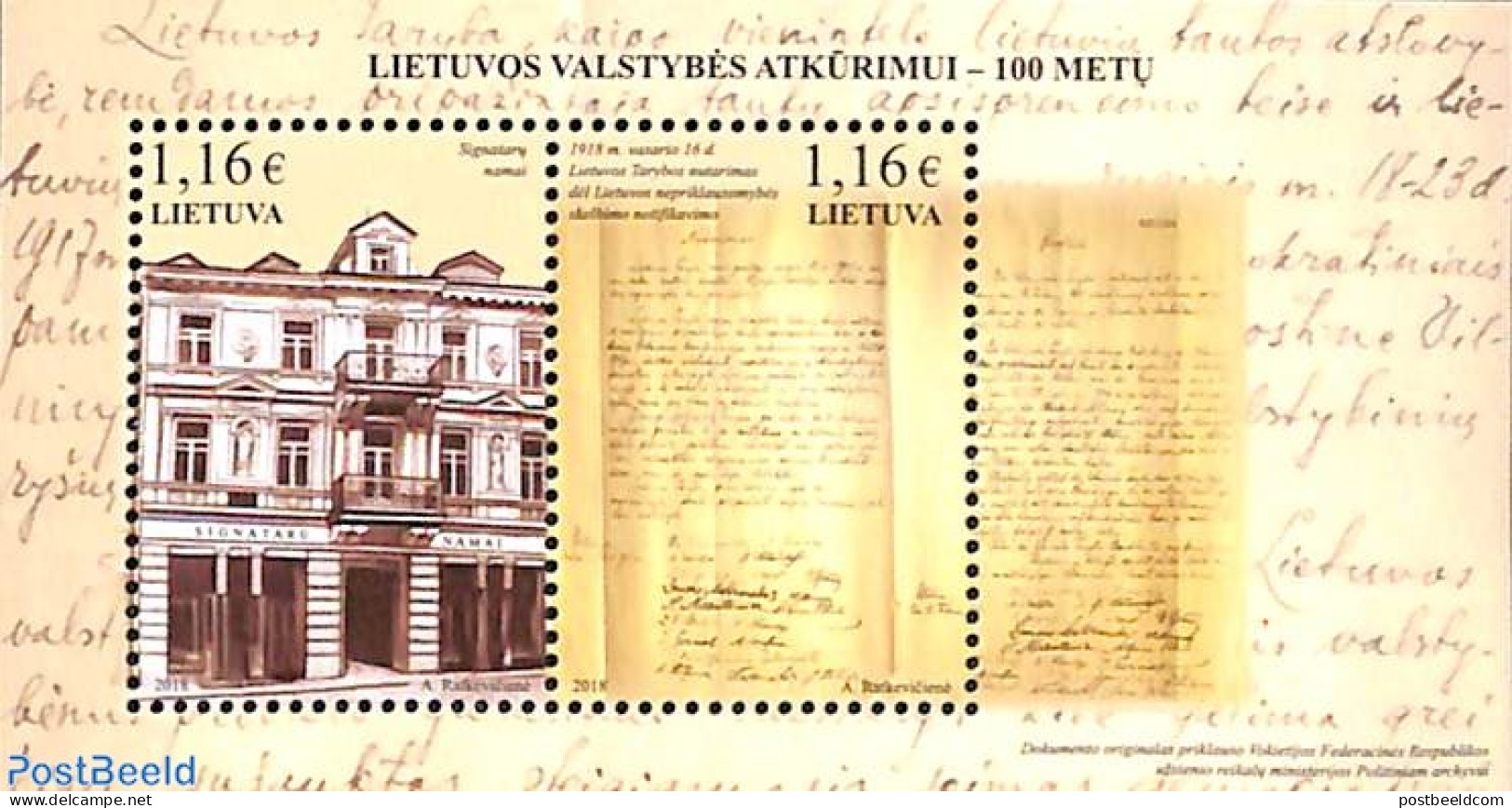 Lithuania 2018 Restoration Of The State S/s, Mint NH, History - History - Art - Handwriting And Autographs - Lituania