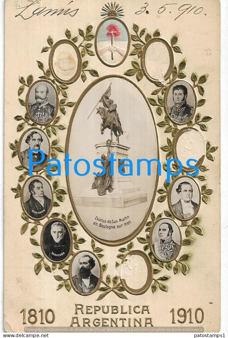 227547 ARGENTINA CENTENARY CENTENARIO PATROTIC HERALDRY PROCER & STATUA SAN MARTIN IN FRANCE  POSTCARD - Argentina