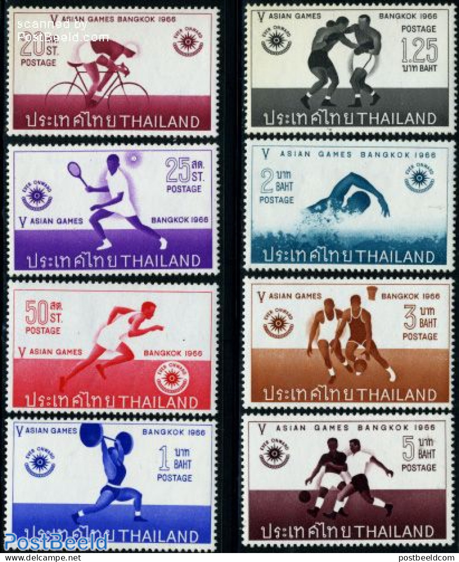 Thailand 1966 Asian Games 8v, Unused (hinged), Sport - Athletics - Basketball - Boxing - Cycling - Football - Sport (o.. - Leichtathletik