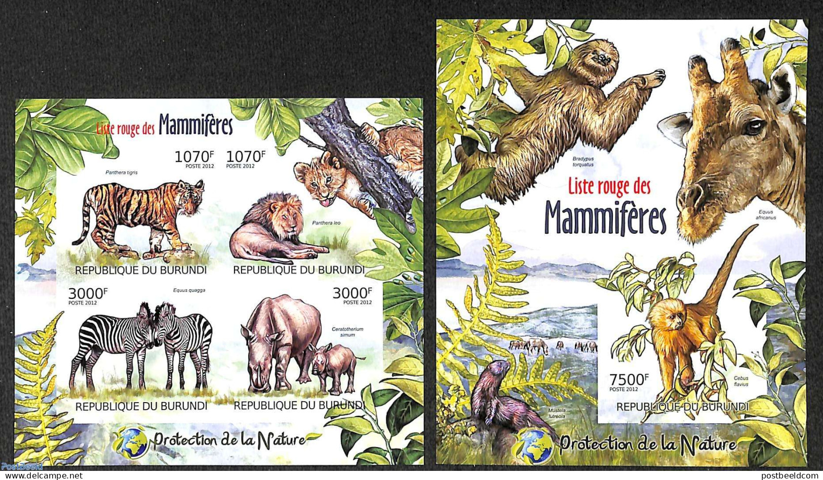 Burundi 2012 Red List Of Mammals  2 S/s, Imperforated, Mint NH, Animals (others & Mixed) - Cat Family - Monkeys - Rhin.. - Other & Unclassified