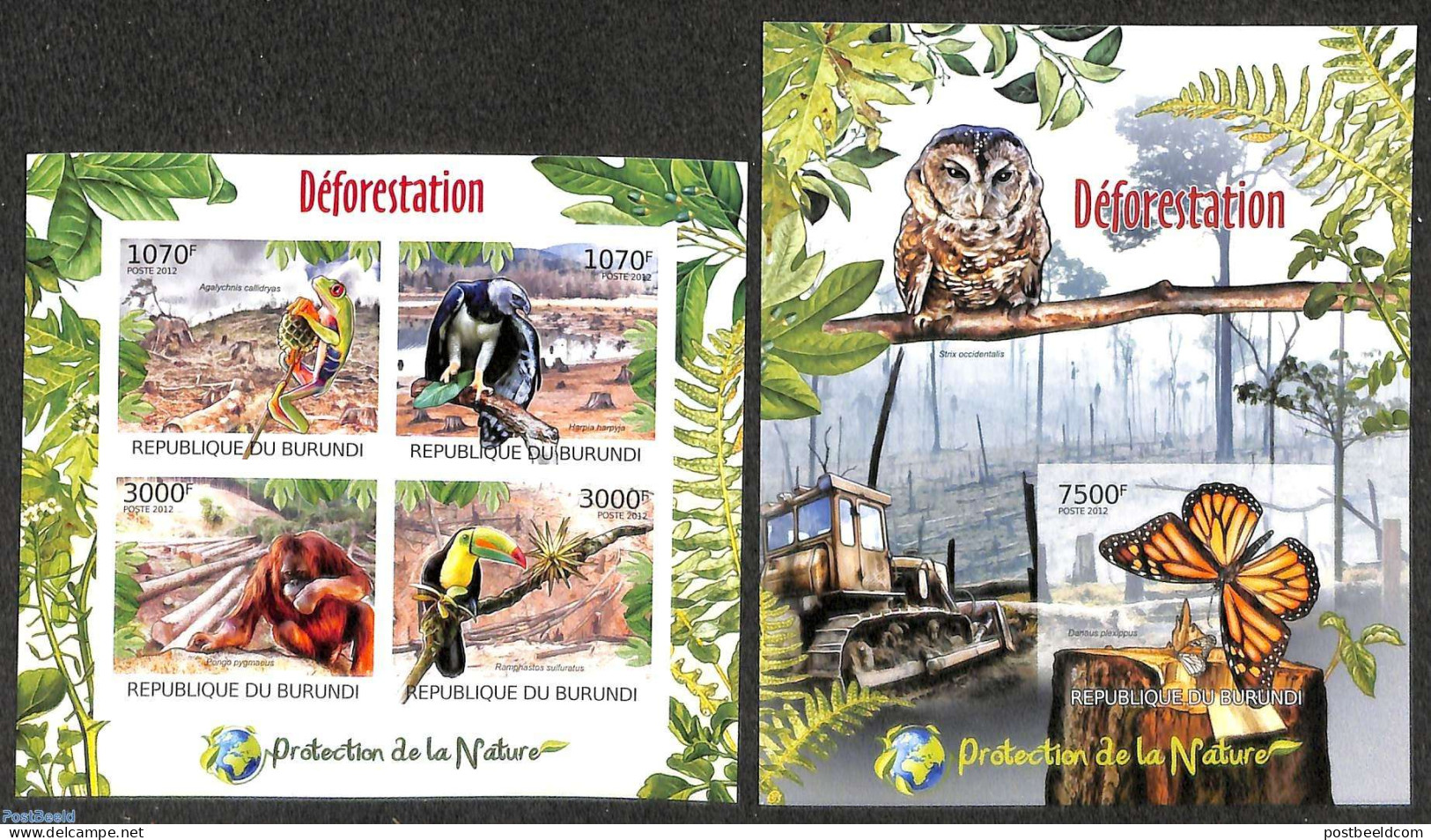 Burundi 2012 Deforestation  2 S/s, Imperforated, Mint NH, Nature - Birds - Birds Of Prey - Butterflies - Monkeys - Rep.. - Rotary, Lions Club