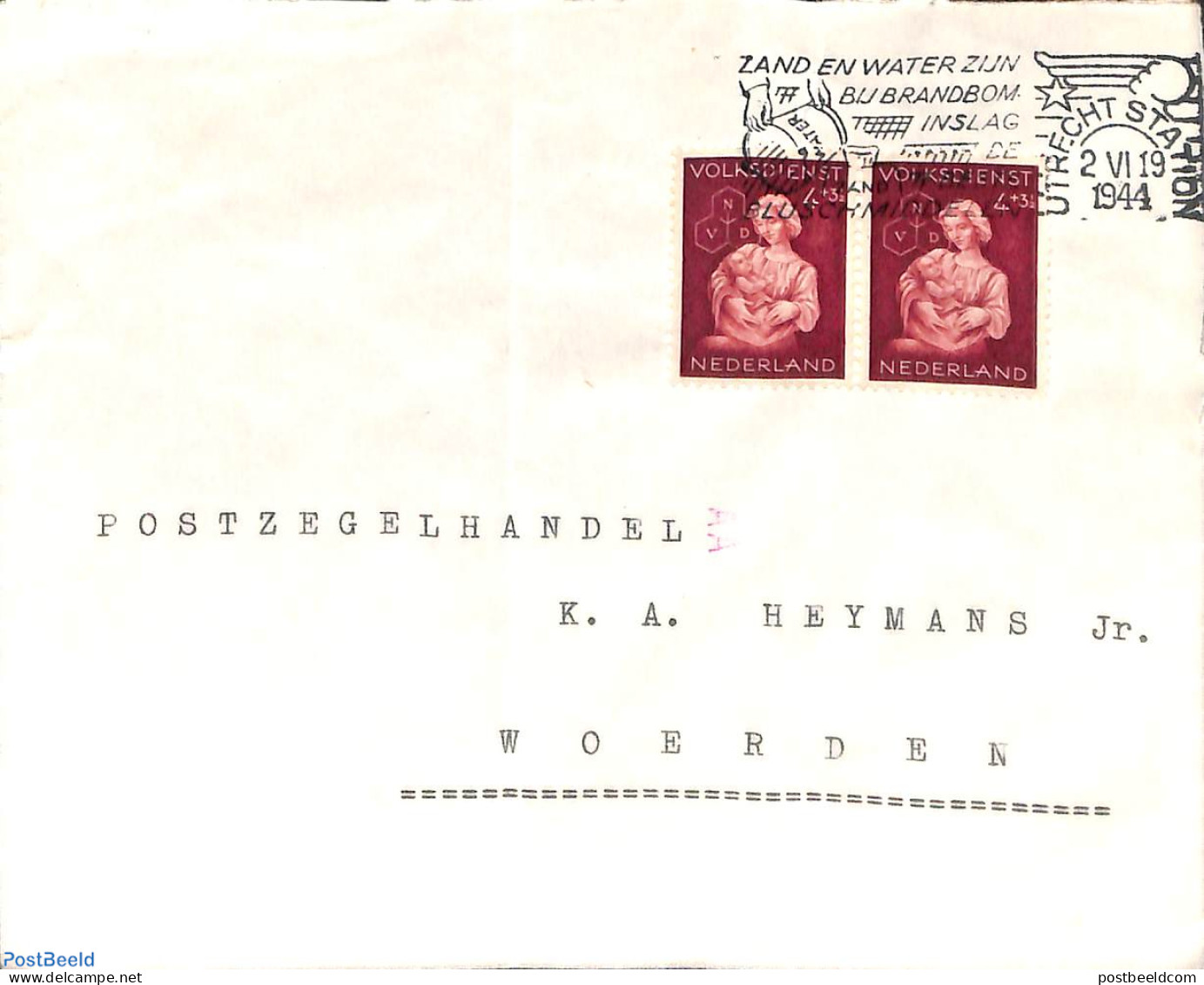 Netherlands 1944 Letter From Utrecht To Woerden With Winter Aid Pair, Postal History - Lettres & Documents