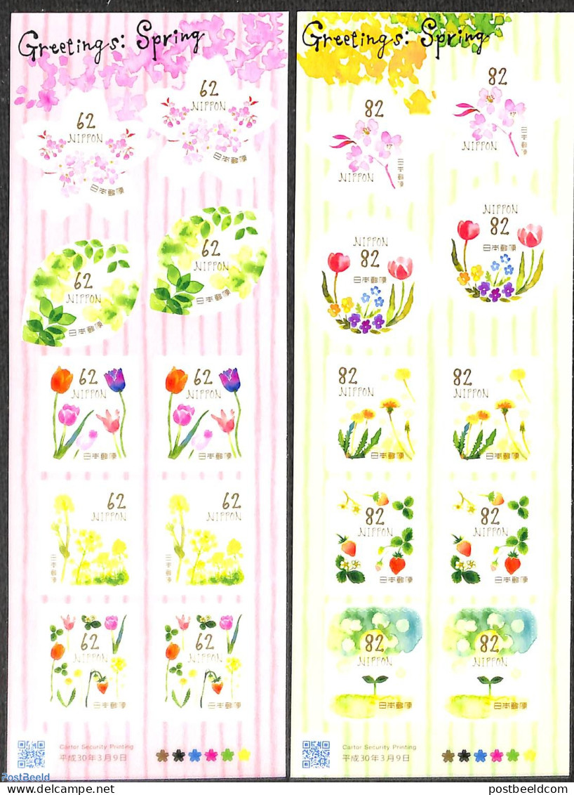 Japan 2018 Greetings, Spring 2x10v In 2 Foil Sheets, Mint NH, Nature - Flowers & Plants - Neufs