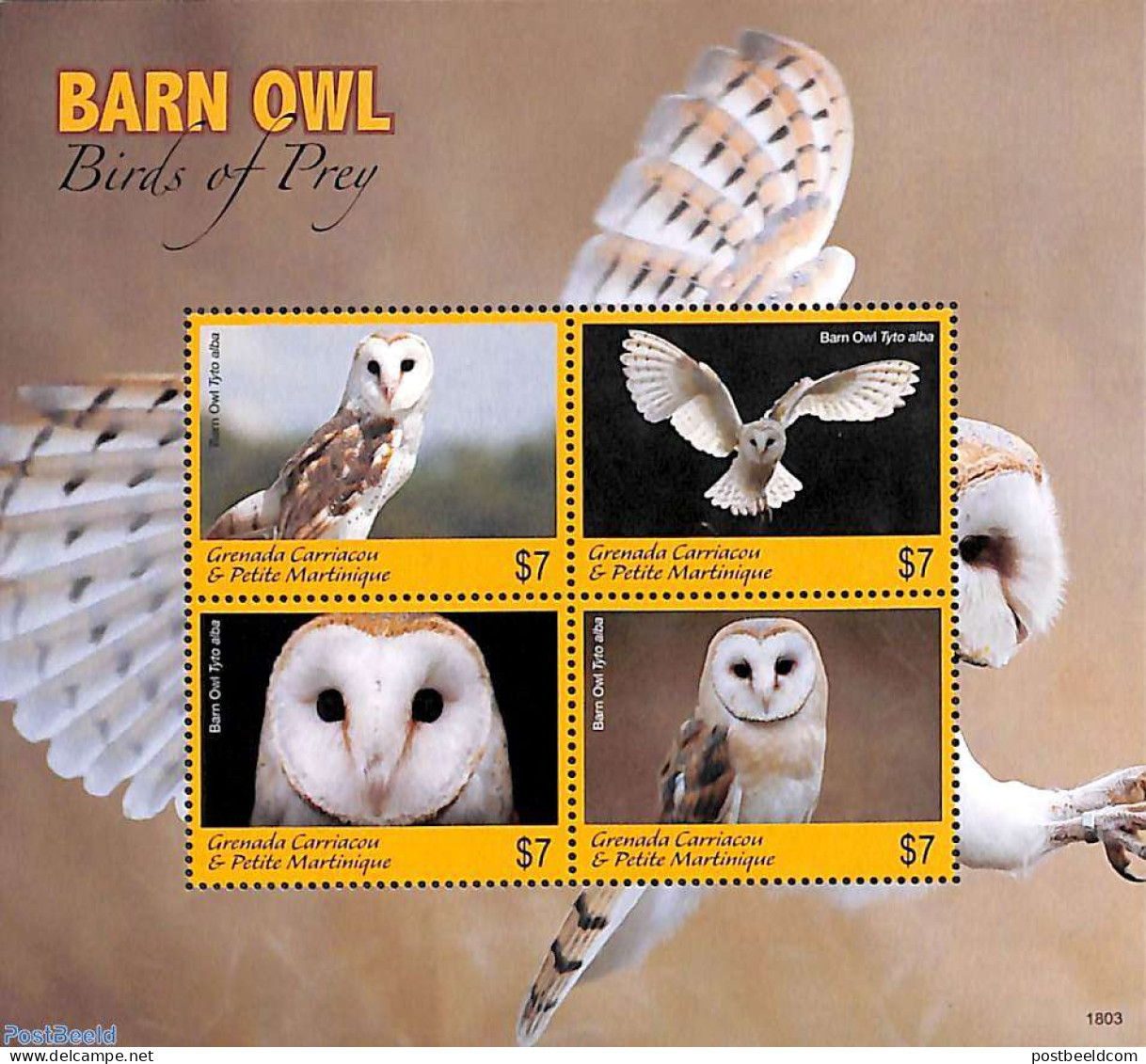 Grenada Grenadines 2018 Barn Owl 4v M/s, Mint NH, Nature - Birds - Birds Of Prey - Owls - Grenada (1974-...)