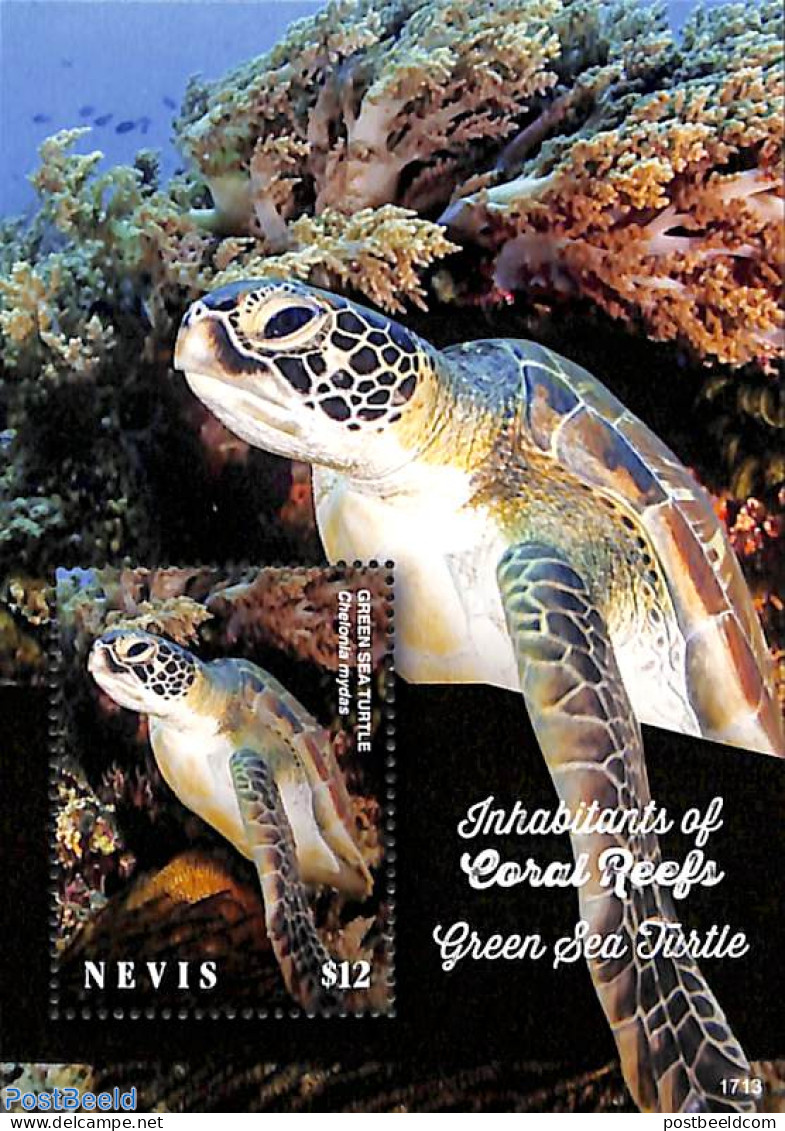 Nevis 2017 Green Sea Turtle S/s, Mint NH, Nature - Turtles - St.Kitts-et-Nevis ( 1983-...)