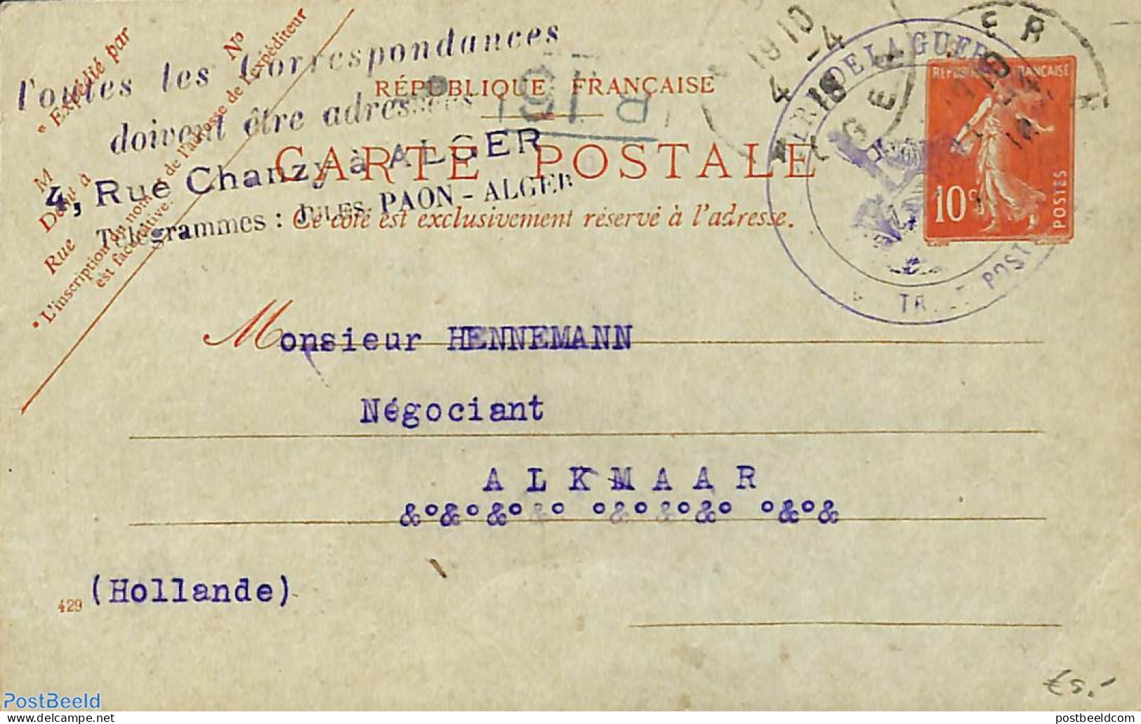 Algeria 1910 Postcard From Algiers To Alkmaar (NL), Used Postal Stationary - Brieven En Documenten