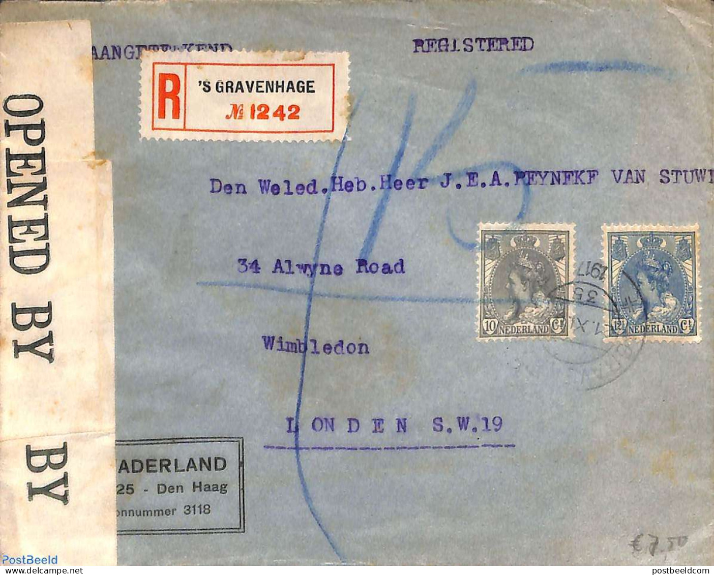 Netherlands 1916 Registered Mail To London, Censored, Postal History, World War I - Cartas & Documentos