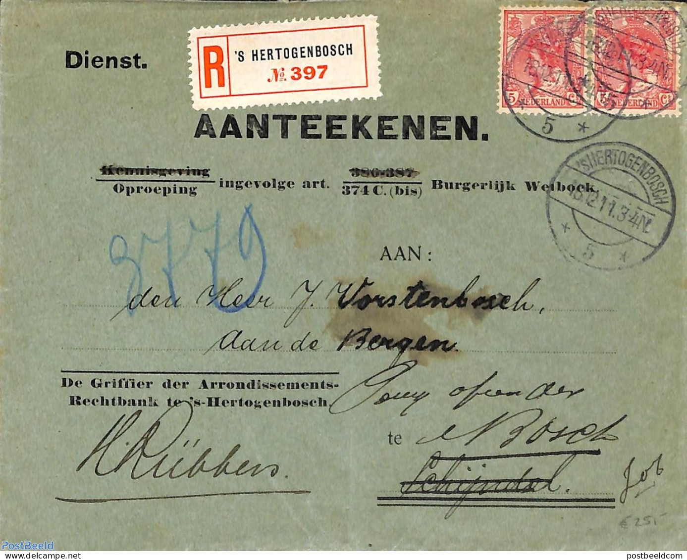 Netherlands 1911 Official Mail Registered (2x5c), Postal History - Cartas & Documentos