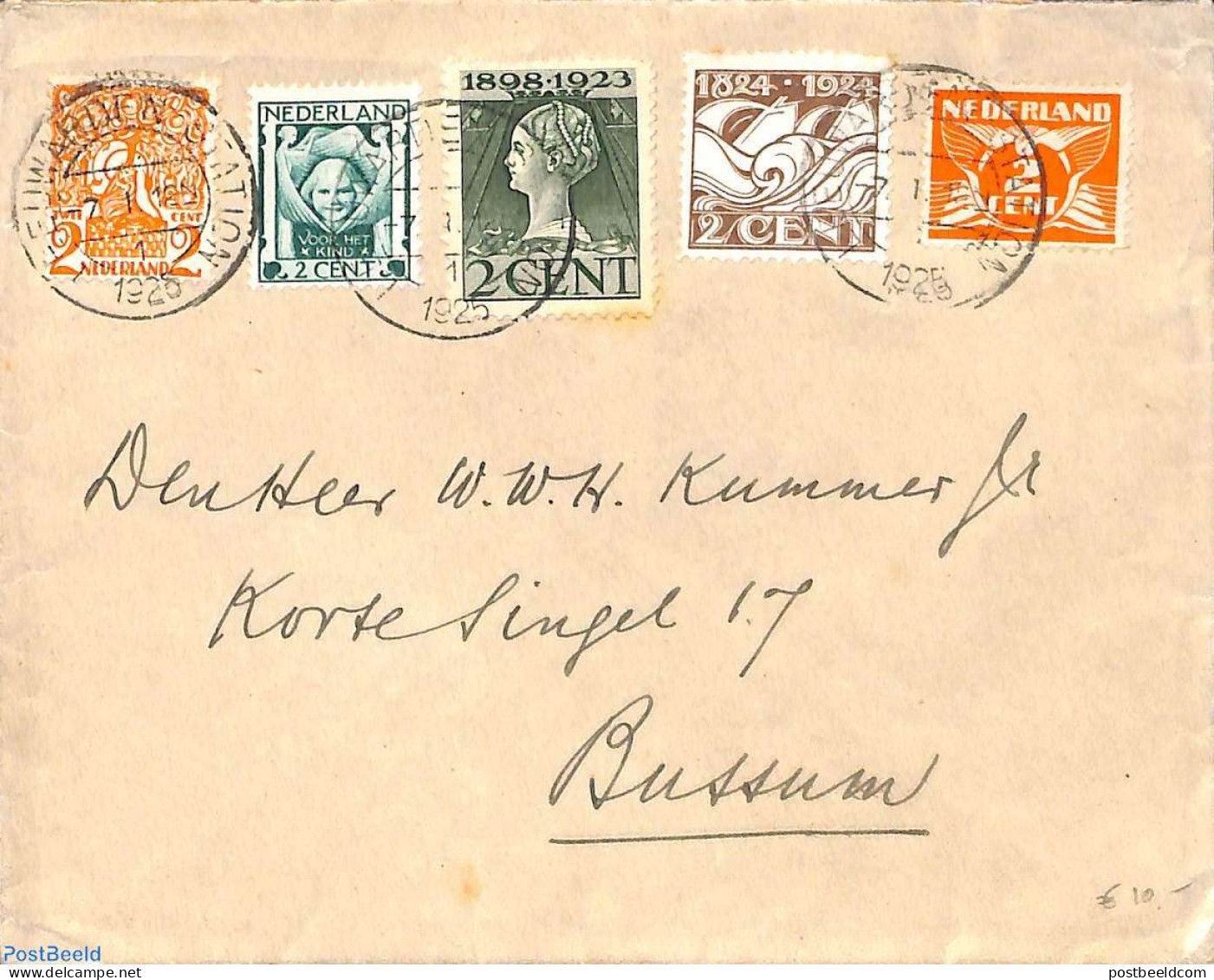 Netherlands 1925 Letter From Leeuwarden To Bussum With 5 Diff. 2c Stamps, Postal History - Covers & Documents