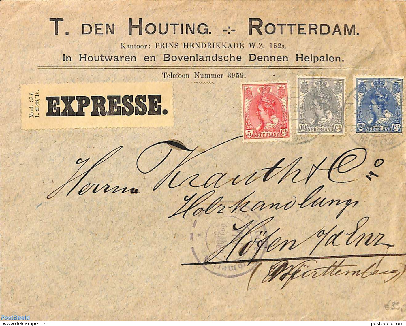 Netherlands 1916 Express Mail Letter, Tricolore (Freigegeben), Postal History, History - World War I - Brieven En Documenten
