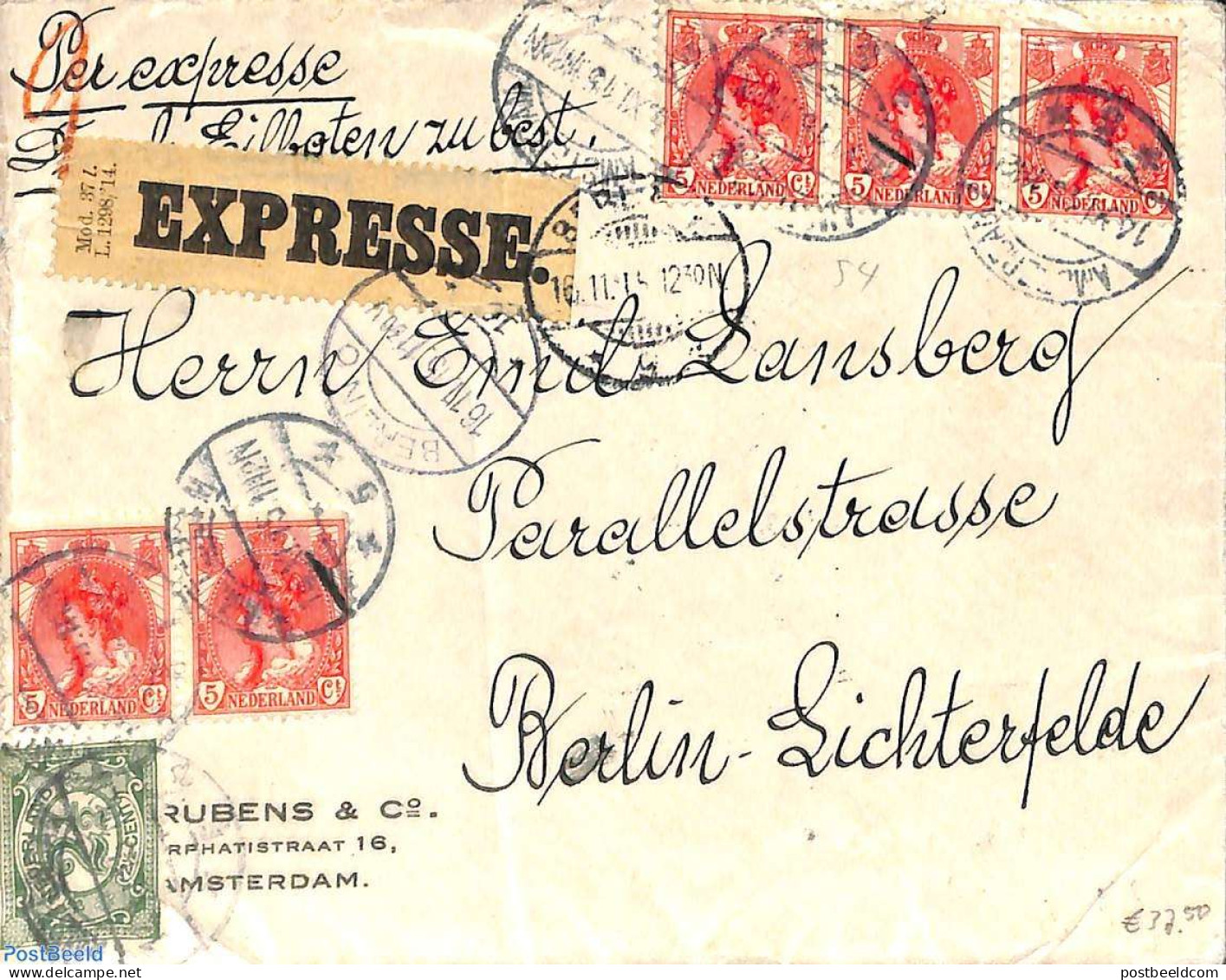 Netherlands 1915 Express Mail Letter To Berlin, Postal History, World War I - Covers & Documents