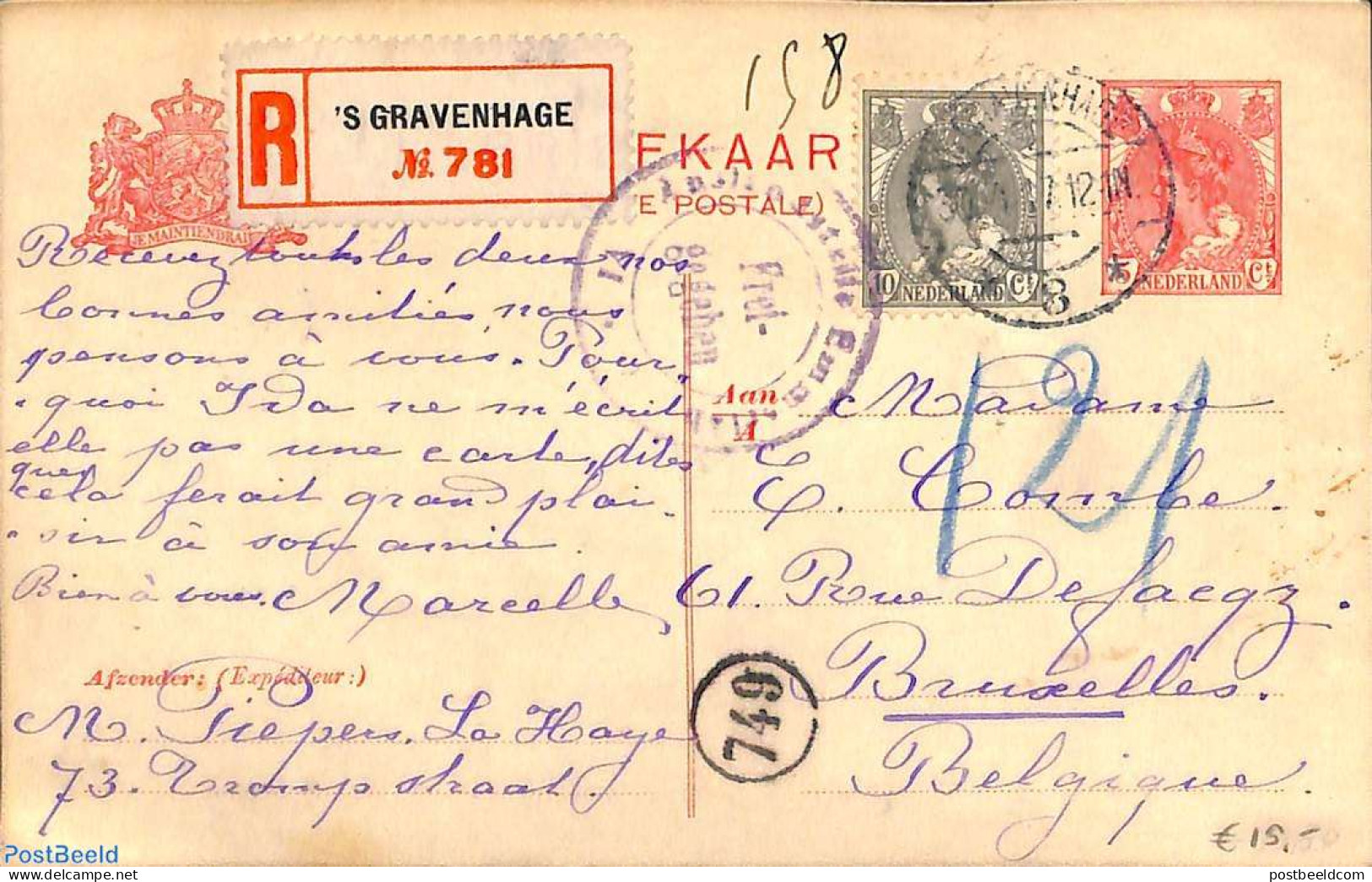 Netherlands 1917 Postcard 5c, Uprated With 10c Stamp To Registered Mail To Belgium, Censored, Postal History - Brieven En Documenten