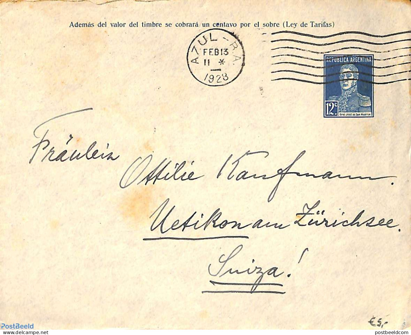 Argentina 1928 Envelope 12c To Switzerland, Used Postal Stationary - Covers & Documents