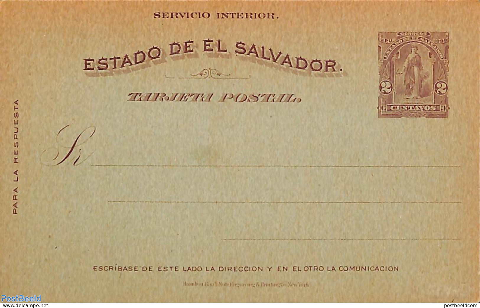 El Salvador 1899 Postcard 2c, Unused Postal Stationary - El Salvador