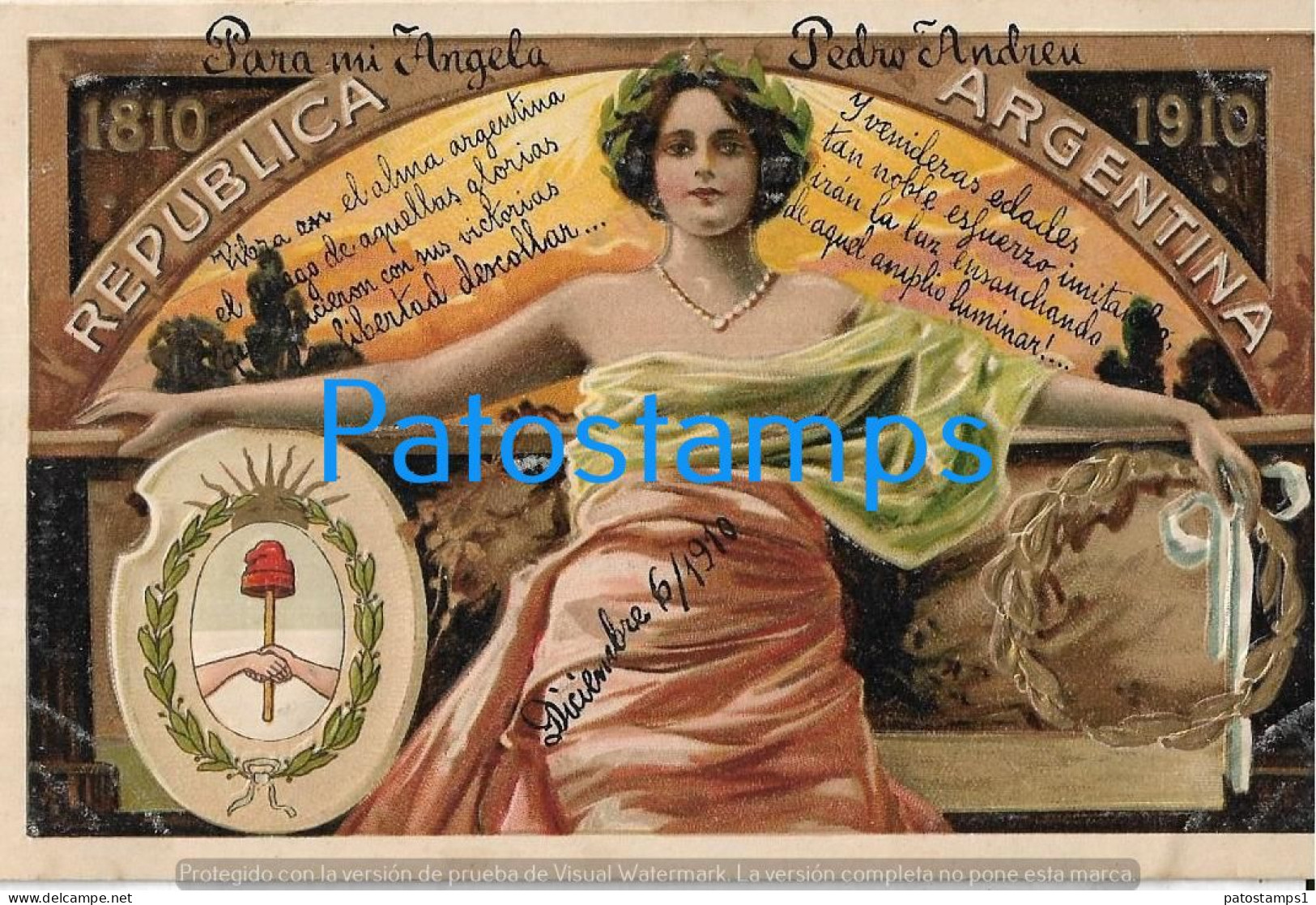 227549 ARGENTINA ART EMBOSSED CENTENARY CENTENARIO PATROTIC FLAG HERALDRY POSTCARD - Argentine