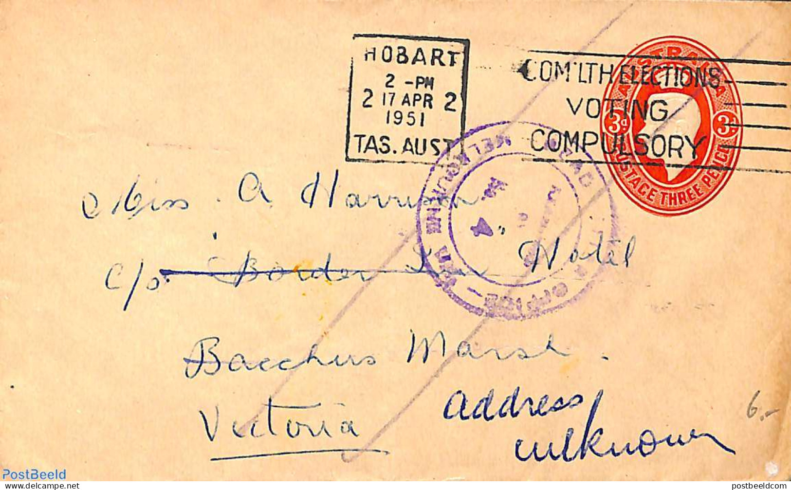 Australia 1951 Envelope 3d, To Victoria, Address Unknown, Used Postal Stationary - Cartas & Documentos
