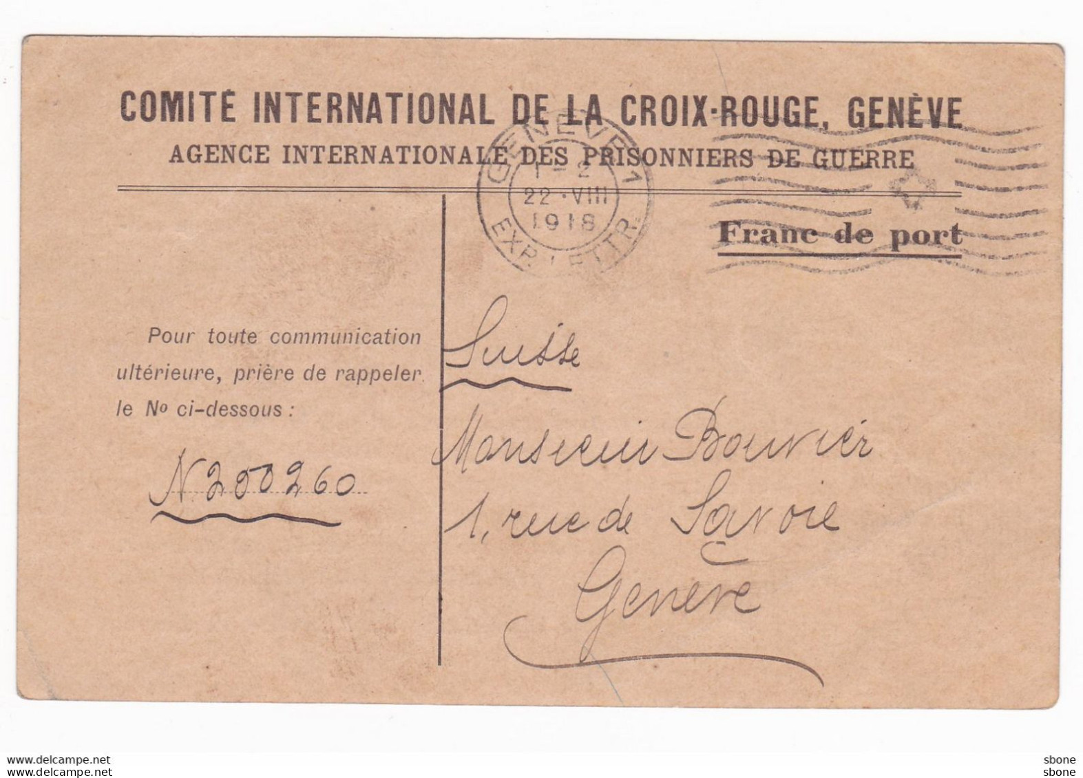 Carte En Franchise Militaire 1914 1918 - Croix Rouge - Prisonniers De Guerre - Covers & Documents